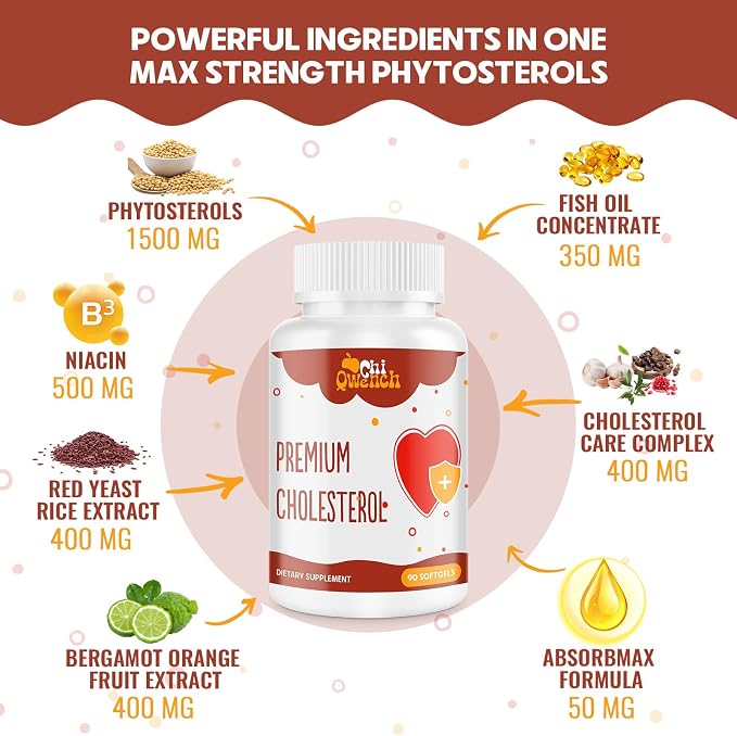 Cholesterol Supplements with Plant Sterols, Niacin, Red Yeast Rice, Citrus Bergamot, Garlic, Cholesterol Supplement Support Normal Cholesterol Levels, 180 Softgels