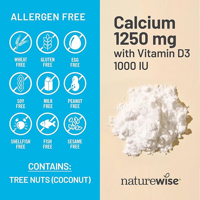 NatureWise High-Purity, All-Natural Calcium 1250mg + Vitamin D3 1000IU + Organic MCT Coconut Oil - Pregnancy Safe + Non-GMO - Absorption Friendly, Gluten Free - 60 Softgels[30-Day Supply]