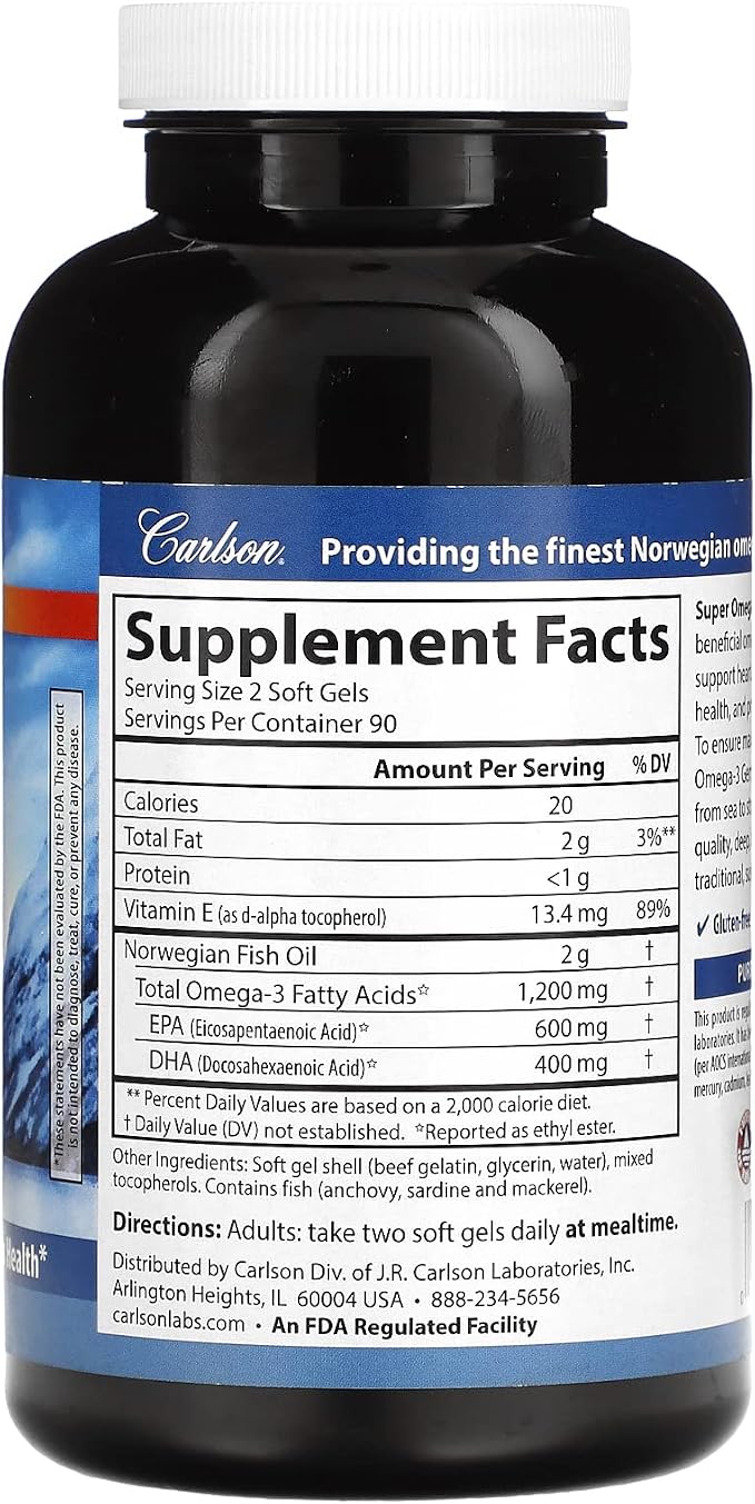 Carlson - Super Omega-3 Gems, 1200 mg Omega-3s, Cardiovascular Support, Brain Function & Vision Health, 180 soft gels