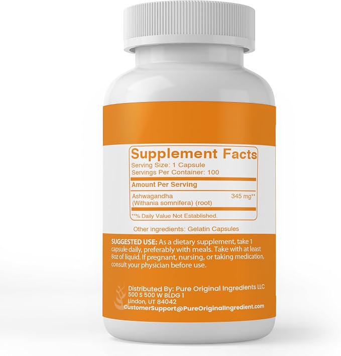 PURE ORIGINAL INGREDIENTS Ashwagandha (100 Capsules) Always Pure, No Additives Or Fillers, Lab Verified