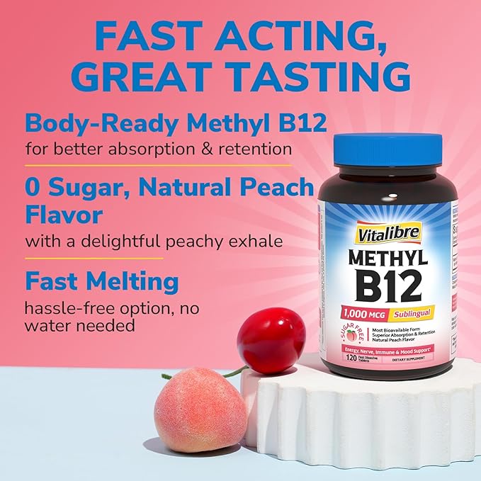 Vitamin B12 1000 mcg, Sublingual Methylcobalamin, Natural Peach Flavor, Nervous System Health, Energy Support, No Sugar, 120 Fast Dissolve Tablets