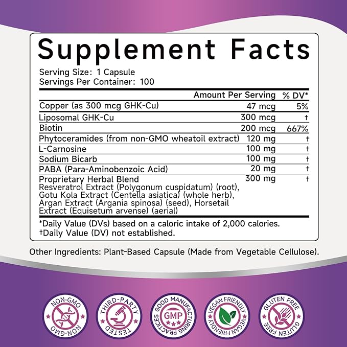 GHK-Cu Copper Peptide Supplement, 300 mcg per Serving, Liposomal Formula, 100 Vegan Capsules – Beauty Support Matrix with Biotin, Phytoceramides & Herbal Blend