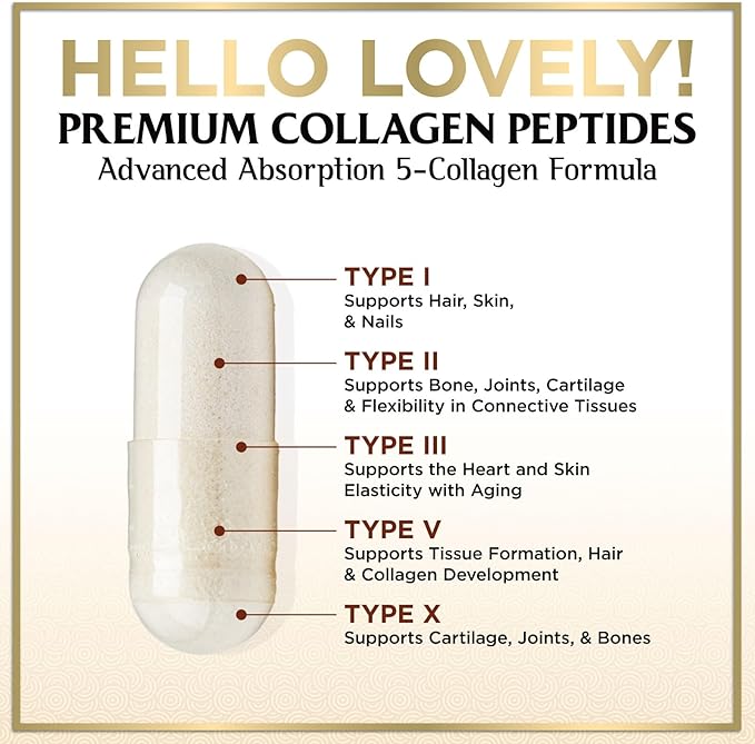 Multi Collagen Peptides for Women & Men - 2400mg per Serving - Best Hydrolyzed Collagen Complex with Type I, II, III, V, X - Hair, Skin, Nails & Joint Support Supplement - Bottled USA - 120 Capsules