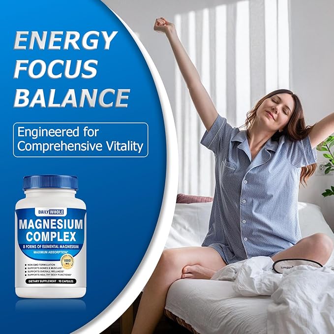 Magnesium Glycinate 8in1 Complex Supplement 1000mg - Magnesium Glycinate, Citrate, Malate, Taurate, Chelated for Health and High Absorption | Third Party Tested, Gluten Free, Non-GMO - Easy to Swallow