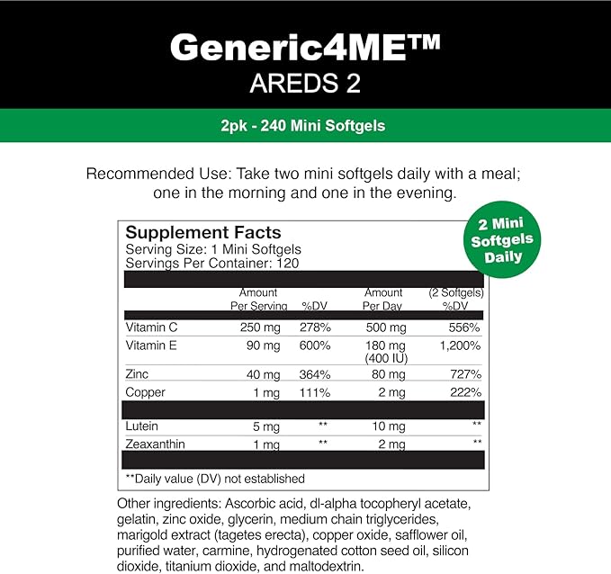 AREDS 2 SoftGels, 500 mg Vitamin C, 400 IU Vitamin E, 10 mg Lutein, 2 mg Zeaxanthin, 80 mg Zinc, 2 mg Copper - Supports Eye Health - 240 Mini SoftGels (Four Month Supply)
