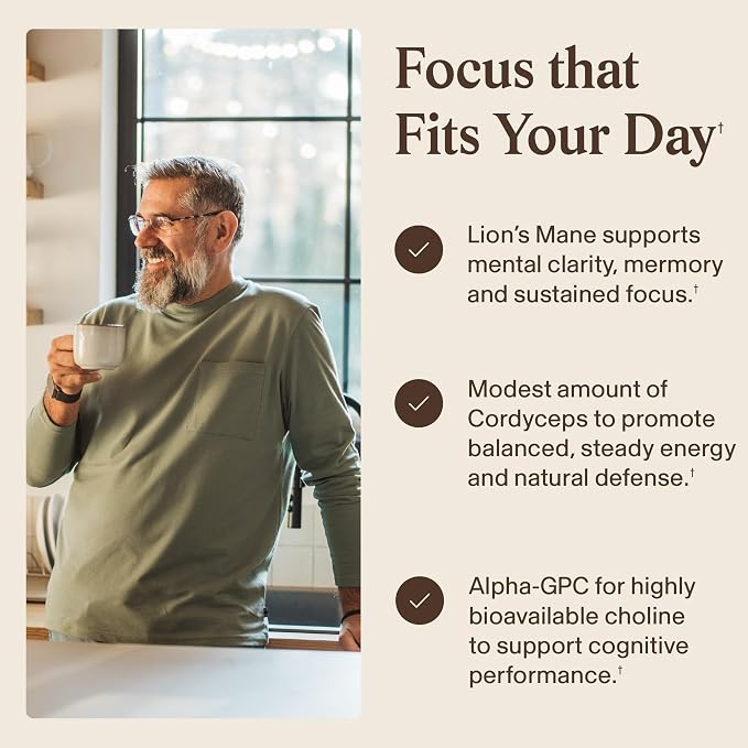 Real Mushrooms Lion’s Mane Focus Capsules (90 Count) – Organic Lions Mane Fruiting Body Extracts with 200mg Alpha GPC Choline for Mental Clarity & Daily Cognitive Function