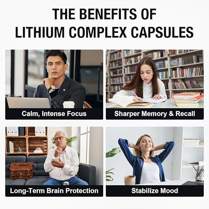 2 Packs Lisopomal Lithium Orotate Complex Capsules, Lithium Orotate 20 mg, Magnesium Glycinate & Ashwagandha, Brain Health Supplements for Cognitive, Mood & Memory – Non-GMO, 240 Vegan Capsules