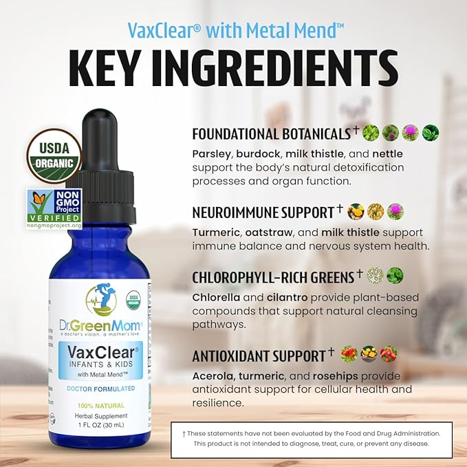 Dr. Green Mom Organic VaxClear with Metal Mend, Herbal Heavy Metal Detox Drops for Kids and Infants with Chlorella, Turmeric, Cilantro and Milk Thistle to Cleanse and Support Immune Response