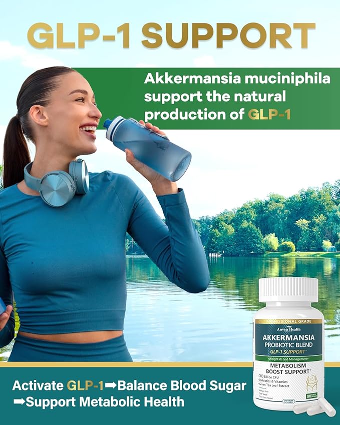 GLP-1 Supplement 100 Billion Akkermansia Probiotic & Prebiotic for Gut Health & Digestion, Metabolism & Energy Support with Vitamin B2 & D, Green Tea and Chromium - Non-GMO | 180 Capsules