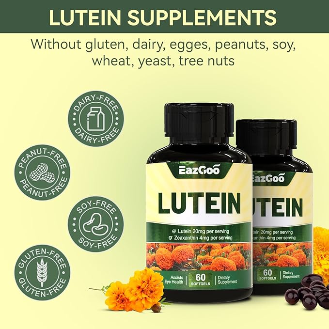 Lutein for Eyes, Lutein 20mg, Lutein and Zeaxanthin Supplements, Eye Supplements, Eyestrain Relief & Support Vision Health, Vegan, 60 Softgels