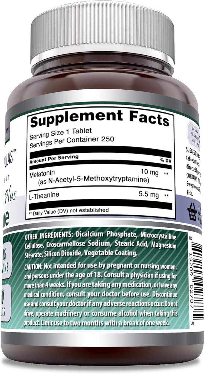 Amazing Formulas Melatonin 10 Mg Plus L-Theanine 5.5 Mg Supplement | Tablets | Non-GMO | Gluten Free | Made in USA | (1 Pack, 250 Tablets)