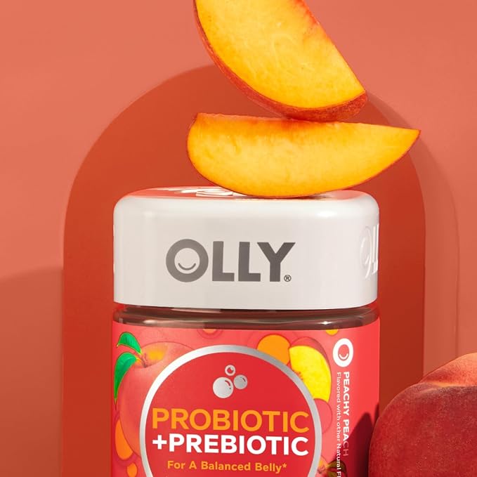 OLLY Probiotic + Prebiotic Gummy,Digestive Support and Gut Health,500 Million CFUs,Fiber,Adult Chewable Supplement for Men and Women,Peach,60 Day Supply -,60 Count (Pack of 2)