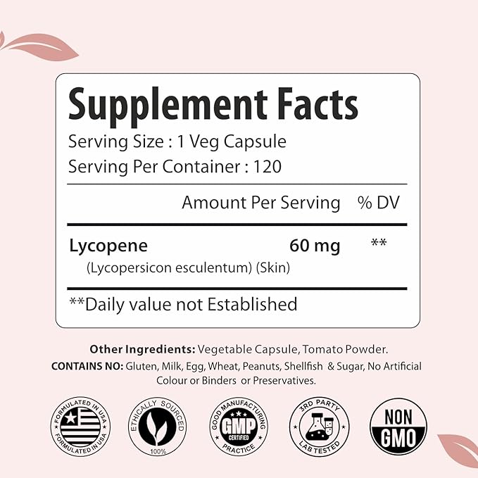 Lycopene Supplement for Men 60mg, Natural Carotenoid Complex from Tomato Extract Powder, 120 Vegan Capsules, 4 Month Supply, Non-GMO and Gluten Free Lycopene for Men & Women
