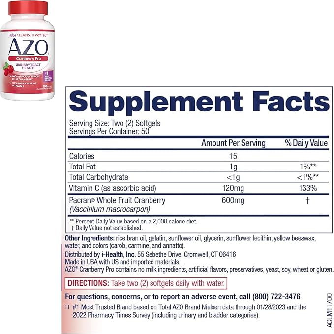 AZO Cranberry Pro Urinary Tract Health Supplement 600mg PACRAN, 1 Serving = More Than 1 Glass of Cranberry Juice 100 CT + D Mannose Urinary Tract Health, Cleanse, Flush & Protect The Urinary Tract 120