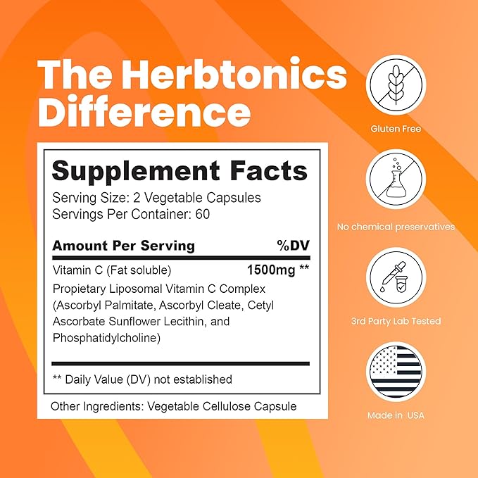Herbtonics Liposomal Vitamin C Capsules 1500mg Immune Support Supplement | Immune System Health | High Absorption Vitamin C | Contains Collagen | 120 Vegan Capsules Non-GMO