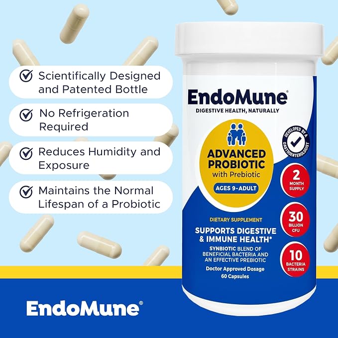 Endomune Advanced Adult Multi-Strain Probiotic Supplement with Prebiotic - 10 Strains, 30 Billion CFU - Physician Formulated (60-Count)
