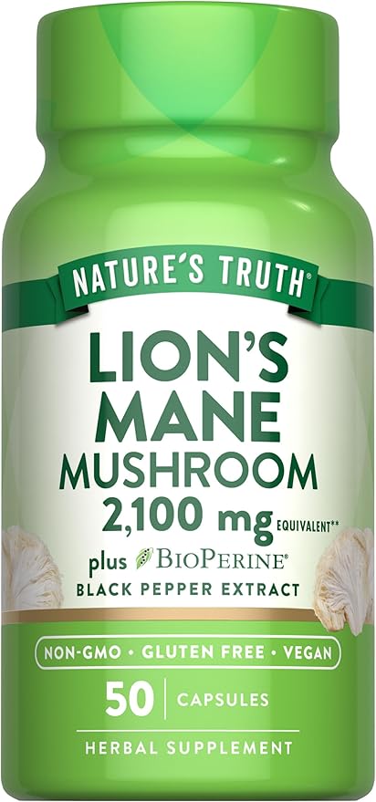 Nature's Truth Lions Mane Supplement Capsules | 50 Count | with BioPerine | Vegan, Non GMO & Gluten Free Extract Formula