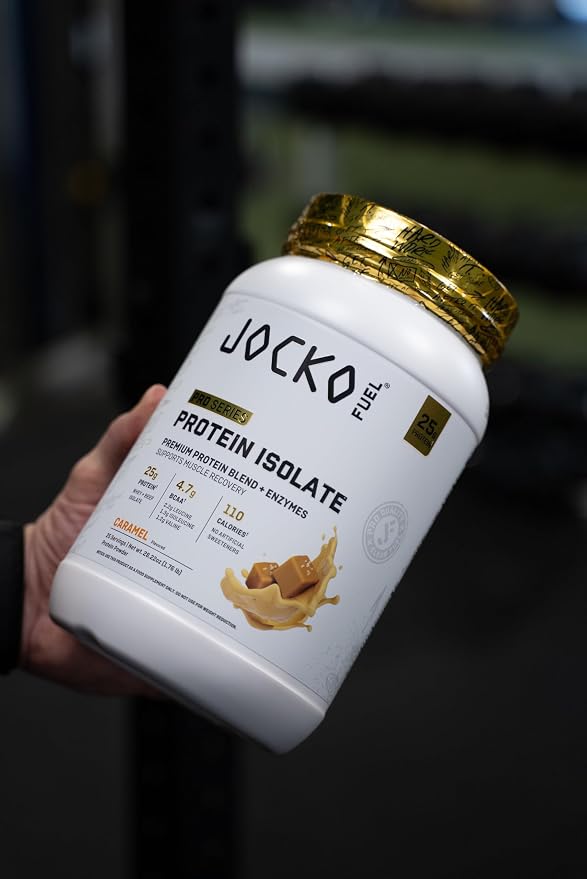 Jocko Fuel Whey Protein Isolate Pro Series, Caramel, 25g Low Lactose Whey + Beef Collagen, with Digestive Enzymes + Probiotics, 4.7g BCAAs, Low Carb, 25 Servings