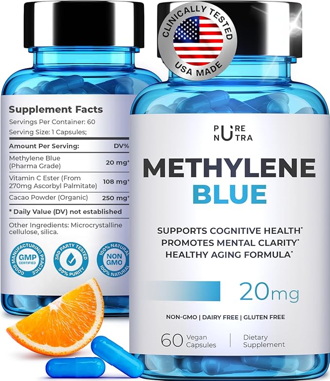Ultimate Methylene Blue Pharmaceutical Grade 20mg (USP) Methylene Blue Capsules for Humans | Memory Supplement and Brain Booster Supplement | Focus Fuel and Memory Vitamins Energy Pills | 60 Servings