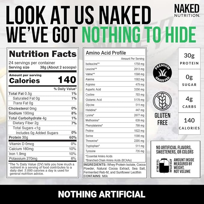 NAKED Chocolate Whey Isolate Protein - Only 6 Ingredients, 30g Grass-Fed Protein, Undenatured, No GMO, No Soy, Gluten-Free, No Preservatives - 24 Servings