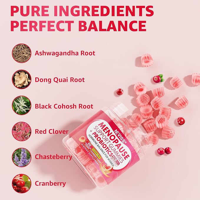 Menopause Probiotics Filled Gummies for Women, Sugar Free Menopause Supplement Gummy with Ashwagandha, Dong Quai & Black Cohosh for Hot Flashes, Night Sweats, Mood Swings, Gut Health - Vegan, 120Cts