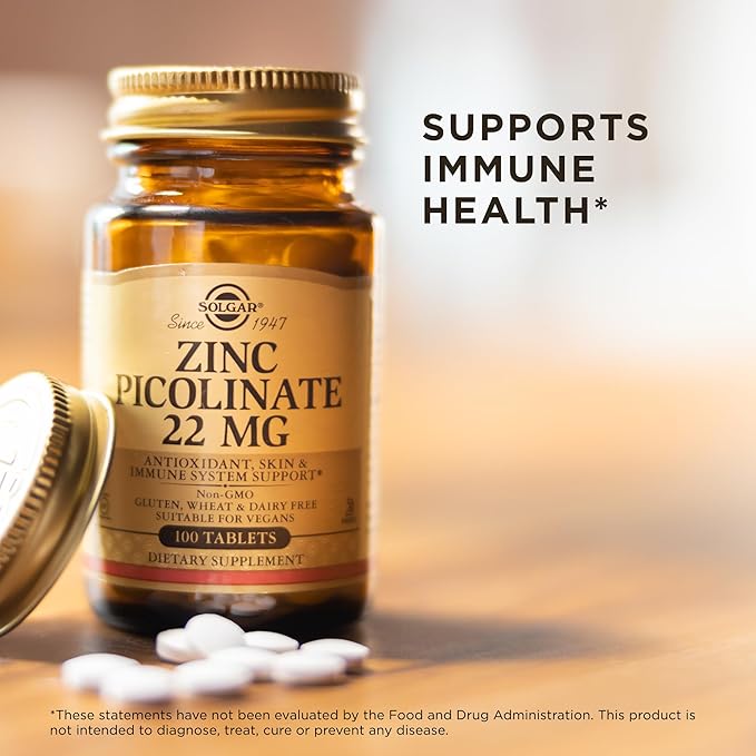 Solgar Zinc Picolinate 22 mg, 100 Tablets (Pack of 3) - Promotes Healthy Skin - Supports Immune System, Normal Taste & Vision - Antioxidant - Non-GMO, Vegan, Gluten Free, Kosher - 300 Total Servings