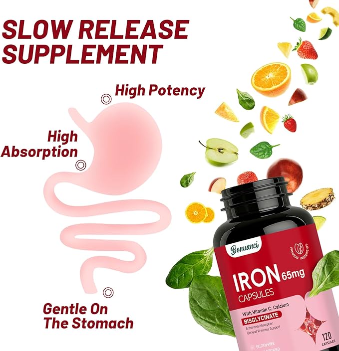 Iron Supplement - Iron 65mg High Absorption Iron Bisglycinate with Vitamin C, Calcium, Gentle Iron Pills for Women Men - Non GMO & Gluten Free, Stomach Friendly, 120 Capsules