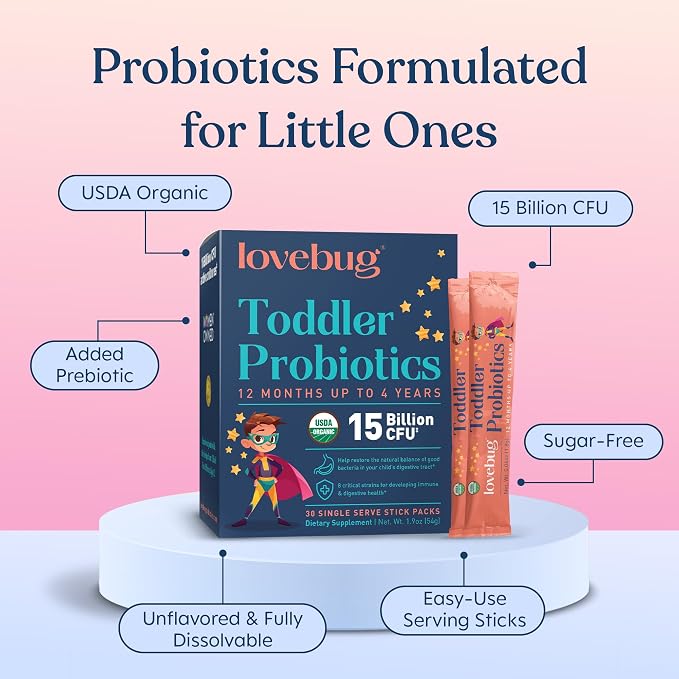 LOVEBUG Kids Probiotic Powder with Prebiotic Fiber - Toddler Immunity Support & Constipation Relief - USDA Organic Probiotics for Childrens Gut & Digestive Health (Ages 1-4) - 30 Pack (Unflavoured)