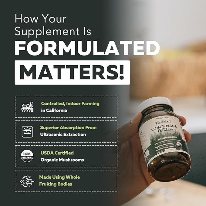 MycoMax Lions Mane Supplement - 70% Beta Glucans, Max Potency Organic Lion’s Mane Extract, US Grown + Ultrasonic Extraction - 500 mg serving - Supports Mental Clarity, Focus and Memory - 60 Capsules