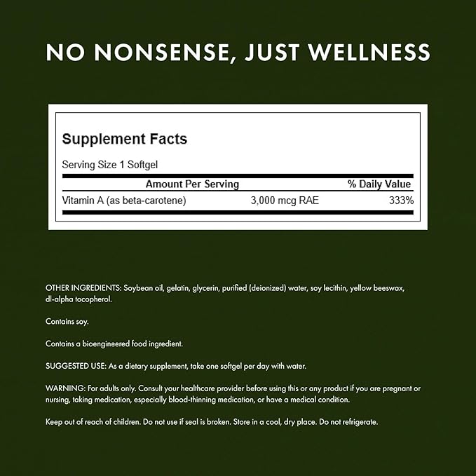 Swanson Beta-Carotene - Vitamin A Supplement Promoting Immune Health, Eye & Skin Health - Natural Wellness Formula - (250 Softgels, 3000mcg Each)