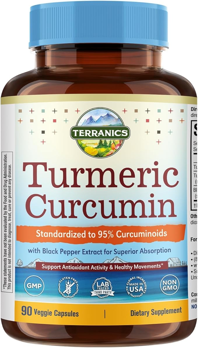 Turmeric Curcumin Supplement 1800mg, with Black Pepper 15mg for Maximum Absorption, 95% Curcuminoids, Mobility & Antioxidant Support, Made in USA, Non-GMO, No Gluten, 90 Vegan Capsules
