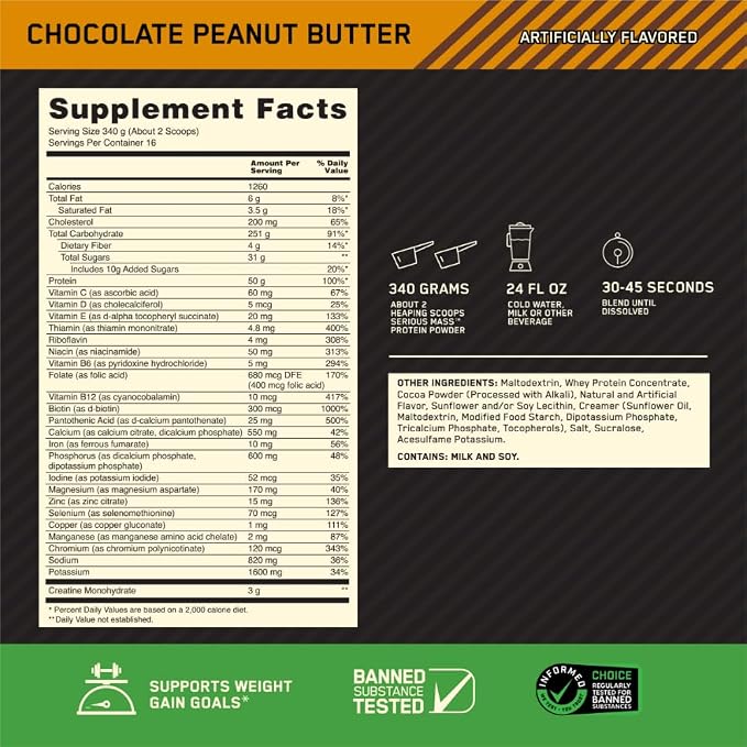 Optimum Nutrition Serious Mass, Weight Gainer Protein Powder, Mass Gainer, Vitamin C and Zinc for Immune Support, Creatine, Chocolate Peanut Butter, 12 Pound (Packaging May Vary)