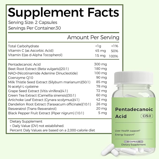 Pentadecanoic Acid, C15:0 Supplement, Supports Metabolic and Mitochondrial Health. Sourced from High-Altitude Goat Milk - 60 Capsules