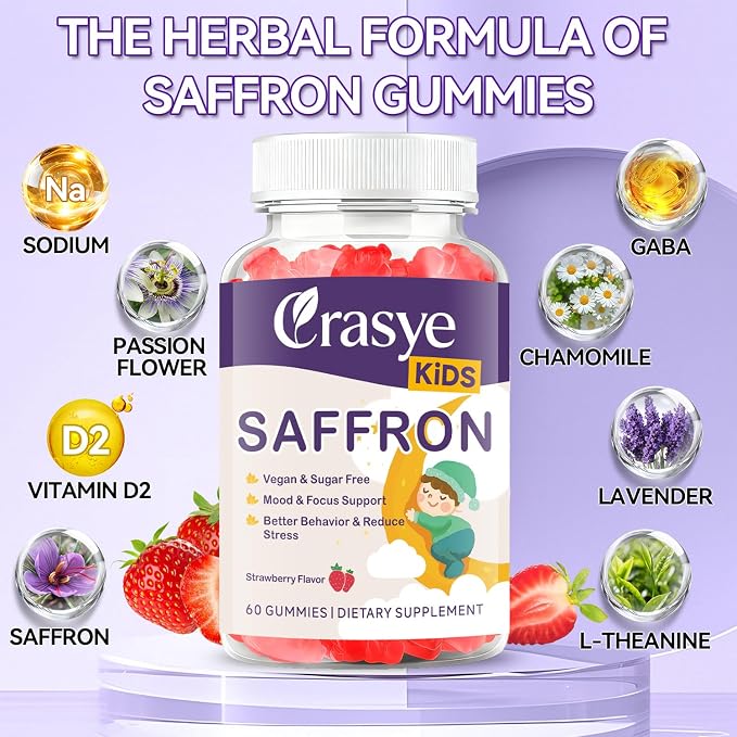 Saffron Gummies for Kids 100% Pure Organic Saffron Extract Sugar Free Saffron Supplements Gummy for Children Calm Mood & Focus - 60 Gummies