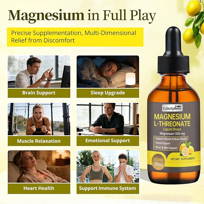 High Absorption Magnesium L-Threonate 1300mg Liquid Drops with L-Theanine&GABA,Supports Brain Function,Deep Sleep Quality&Stress Relief,Natural Lemon Flavor,Fast Acting GMP Certified,Adults & Kids