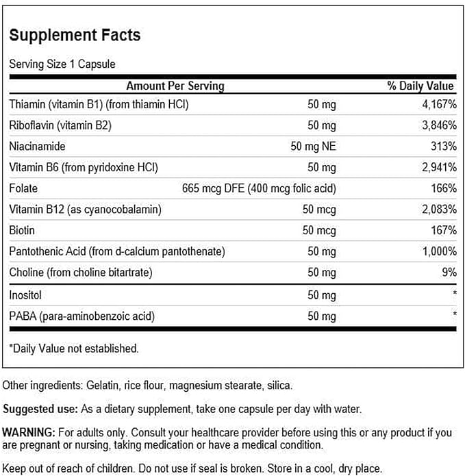 Swanson Balance B-50 High-Potency B Vitamin Complex for Busy Adults Seeking Immune, Heart, and Nervous System Support (100 Capsules)