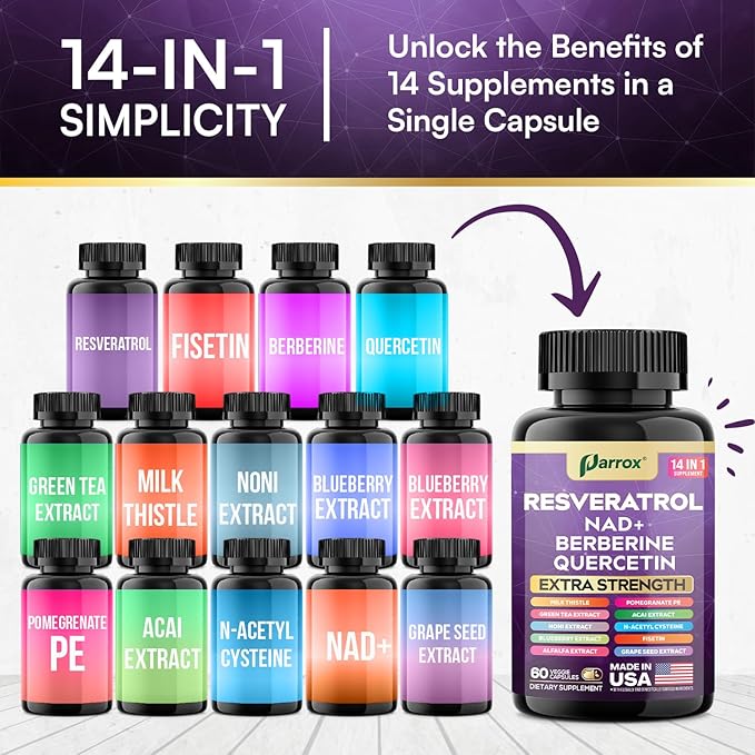 Resveratrol Supplement with Milk Thistle, NAD, Berberine, Quercetin, Fisetin, Pomegranate, Green Tea, Noni, Acai, Blueberry, Grape Seed Extracts, N-Acetyl Cysteine, 14-in-1 Extra Strength (120 Caps)