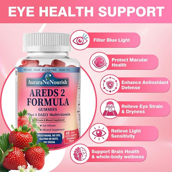 Areds 2 + Advanced Formula for Macular Health, 22-in-1 Eye Vitamin & Mineral Supplement w. Zeaxanthin, Zinc & Vitamin C Supports Eye Strain, Pressure, Night Vision, 60 Chewable Gummies