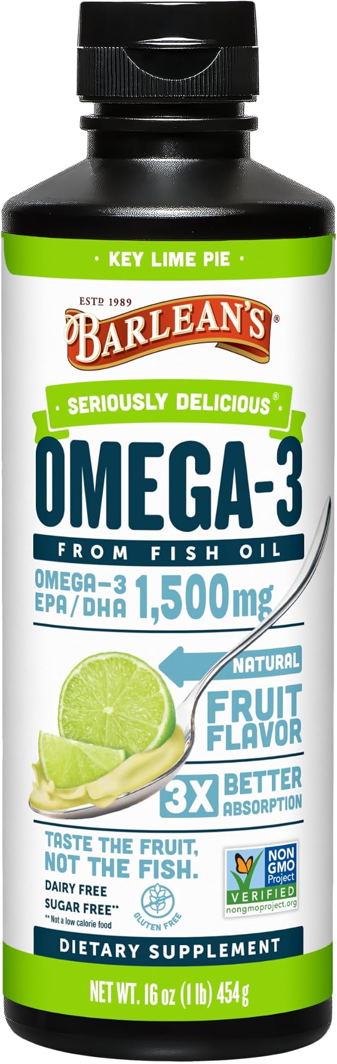 Barlean's Omega 3 Fish Oil Liquid Supplement for Men and Women, 1500mg of EPA and DHA Fatty Acid, Promotes Brain & Heart Health - Non-GMO, Key Lime Pie, 16 oz