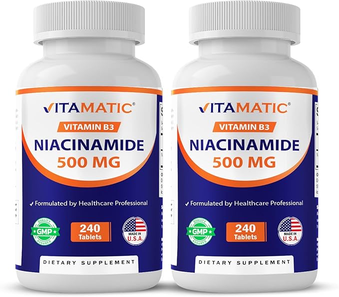 Vitamatic Niacinamide 500 mg 240 Tablets - Flush Free Vitamin B3 - Supports Energy Production-2 Pack