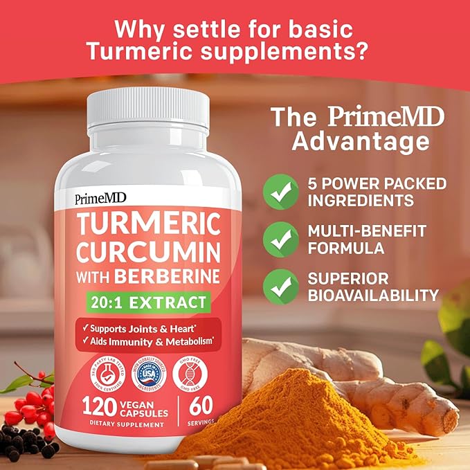 5-in-1 Organic Turmeric Curcumin Supplement (4210mg) with Berberine, Ceylon Cinnamon Bioperine and Ginger Supplements for Joint, Heart, Gut, & Metabolic Support (60 Servings)