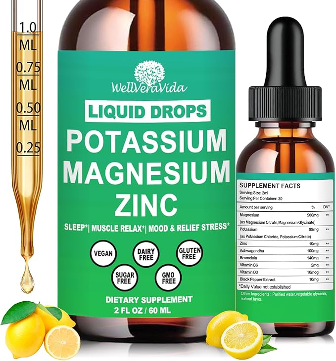 Potassium Magnesium Supplement Liquid, Electrolyte Potassium & Calm Magnesium Complex Drops Plus Zinc, Vitamin D3 & B6 for Cramp Relief, Bone, Energy & Immune Health, Faster Absorption Than Gummies