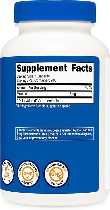 Nutricost Melatonin 5mg, 240 Capsules - 5mg Per Serving, Non-GMO, Gluten Free