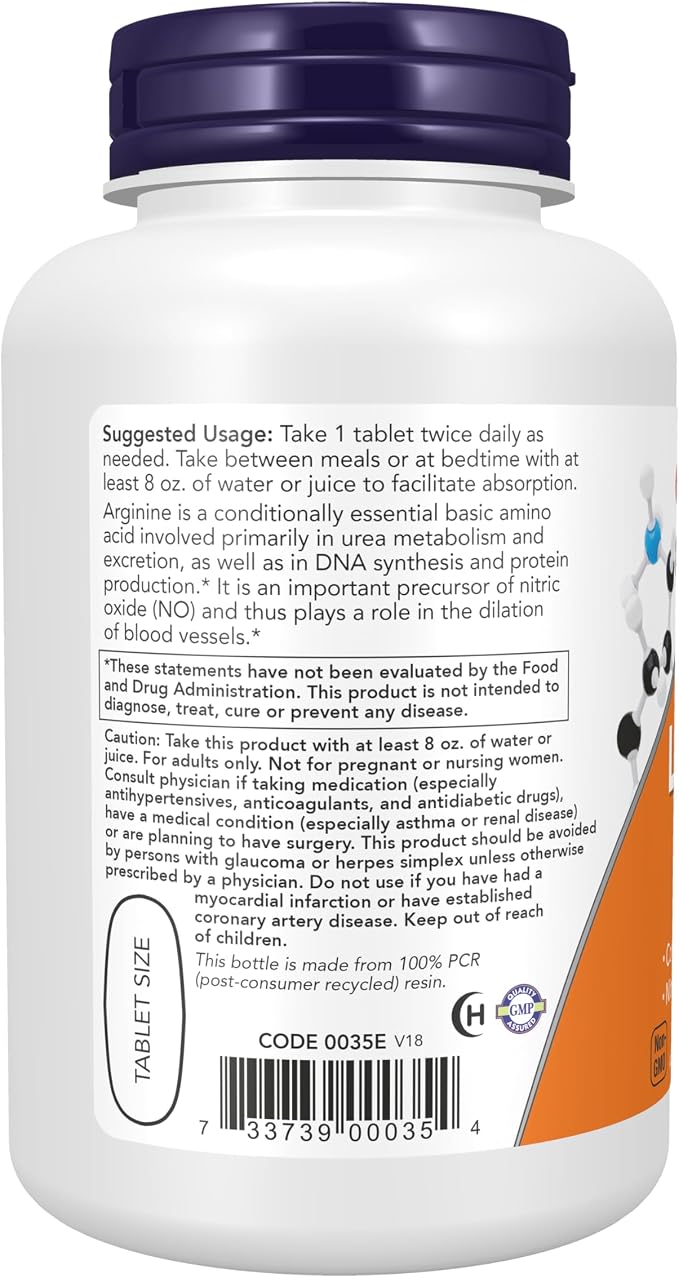 NOW Foods Supplements, L-Arginine 1,000 mg, Nitric Oxide Precursor*, Amino Acid, 120 Tablets