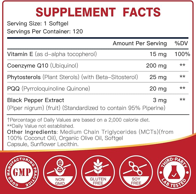 DRFOSTER Coq10 Ubiquinol 200mg, Coq10 200mg Softgels, Max Absorption Ubiquinol with Vitamin E & PQQ & Black Pepper, Powerful Antioxidant, 120 Softgels