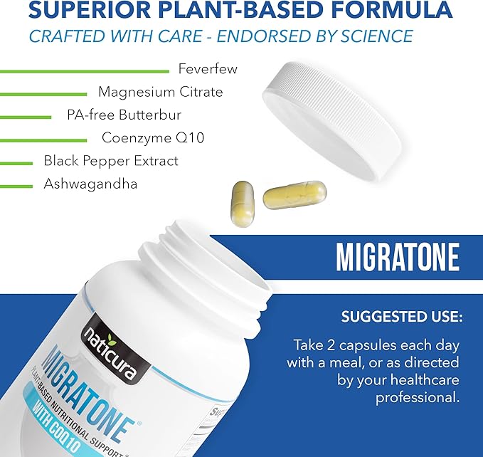 Migratone Migraine Relief Nutritional Support Supplement - with Magnesium, Riboflavin Vitamin B2, B6 & B12, Microactive Coq10, Feverfew, PA-Free Butterbur, and Folate - Clinically Preferred Blend
