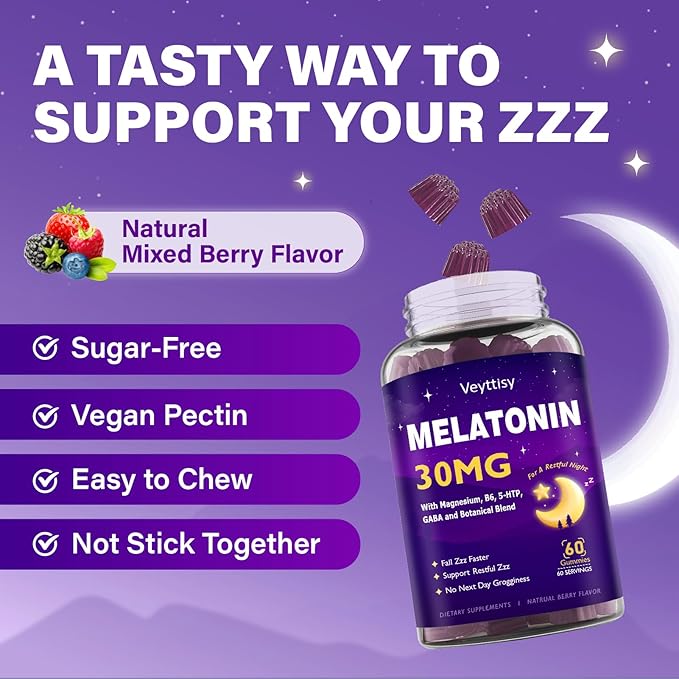 Melatonin 30mg Gummies for Adults - Sugar Free Melatonin Gummies Maximum Strength with Magnesium, B6, GABA & Botanical Blend - Non-Habit Forming,Vegan, Non GMO, Natural Mixed Berry Flavor
