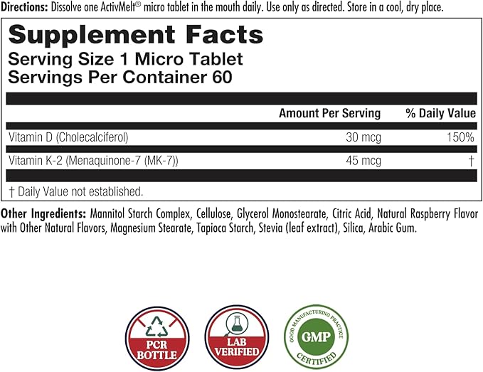 KAL Vitamin D3 K2 ActivMelts - Immune Support Supplement w/Vitamin D as D3 and MK7 VIT K2 - Supports Calcium Absorption for Strong Bones, Quick-Dissolve Tablets, Natural Raspberry Flavor, 60 Servings