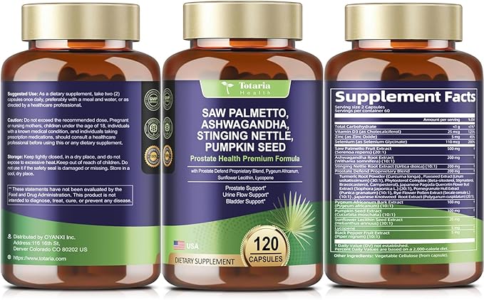 Totaria 2Pack Organic Saw Palmetto - Prostate Health Supplements for Men with Ashwagandha Root, Stinging Nettle, Pumpkin Seed, Prostate Defend Propnietary Blend, DHT Blocker, 240 Count