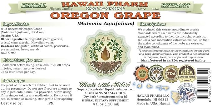 Hawaii Pharm Oregon Grape Alcohol-Free Liquid Extract, Oregon Grape (Mahonia aquifolium) Dried Root Glycerite Natural Herbal Supplement, USA 15x4 fl.oz